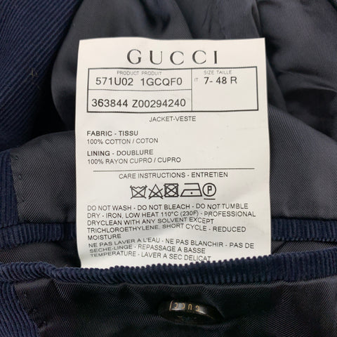 GUCCI Size 38 Regular Navy Corduroy Cotton Single Breasted Sport Coat
