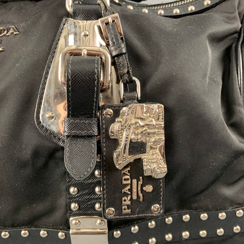 PRADA Black Studded Leather Trim Nylon Duffle Bags