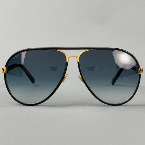 GUCCI Black Leather Gold Tone Aviator Sunglasses