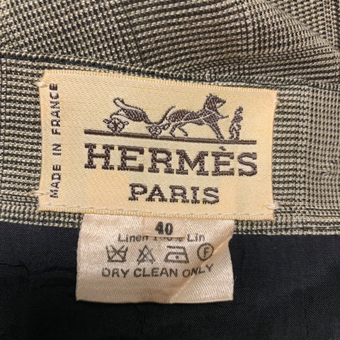 HERMES Size 10 Brown Beige Linen Plaid Single Breasted Skirt Suit