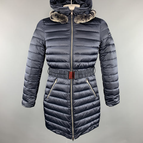 PEUTEREY Size XL Navy Polyamide Quilted Down Filled  Faux Fur Reversible Long Coat
