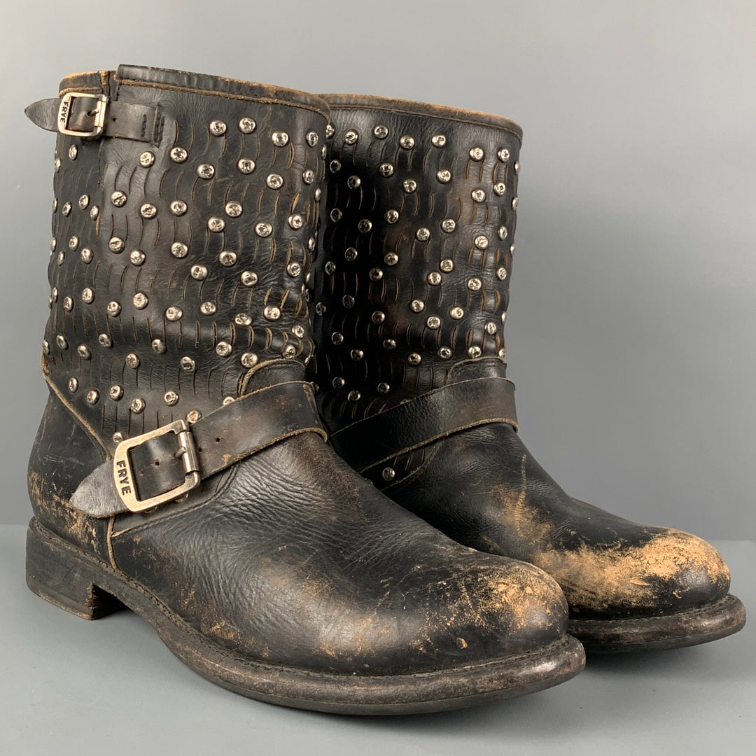 FRYE Size 11 Black Leather Distressed Studded Ankle Boots