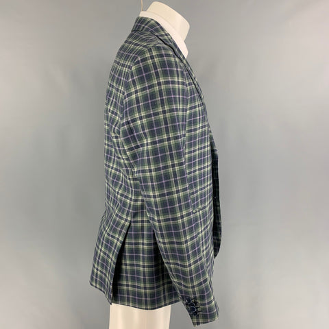 ETRO Size 40 Green Purple White Navy Plaid Wool Sport Coat
