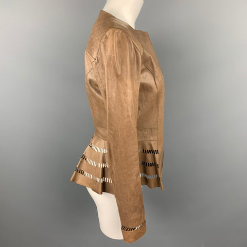 ELIE TAHARI Talla S Chaqueta Asimétrica De Piel Perforada Marrón