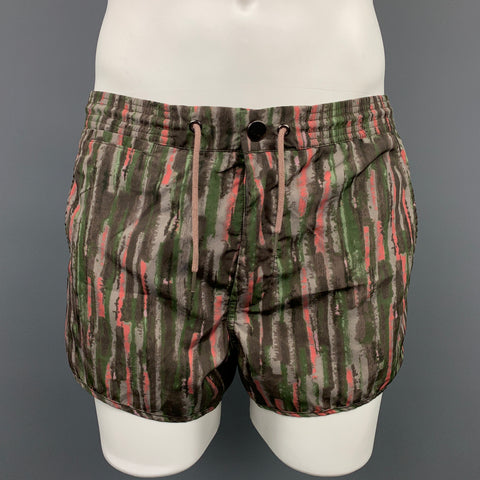 MARC by MARC JACOBS Size M Taupe & Olive Print Polyester Drawstring Swim Trunks