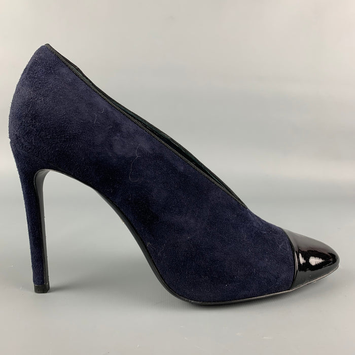LANVIN Size 8 Navy Suede Patent Leather Cap Toe Pumps