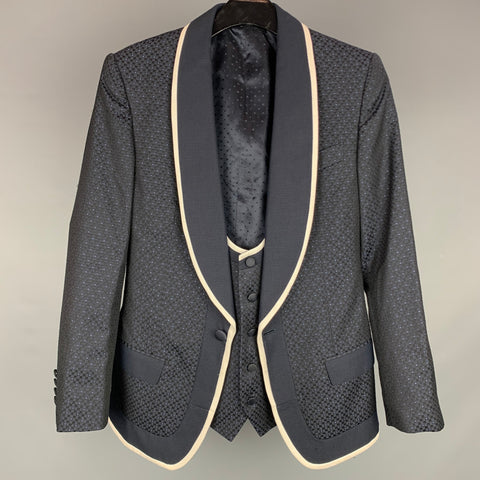 DOLCE & GABBANA Size 36 Navy & White Jacquard Silk Blend Shawl Collar 3 Piece Suit