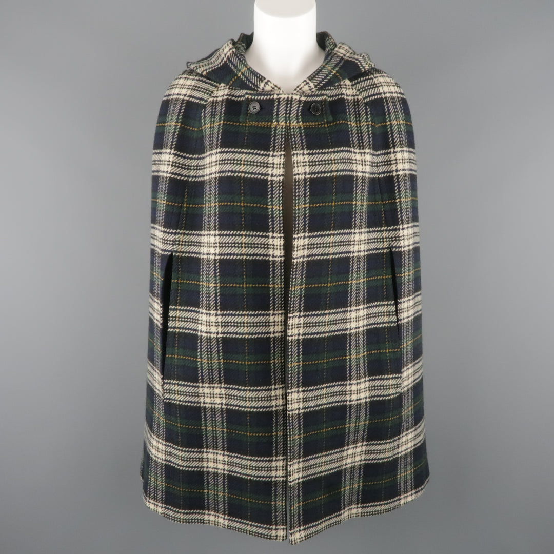 SAINT LAURENT Size 8 Blue & Green Plaid Wool Hooded Cape