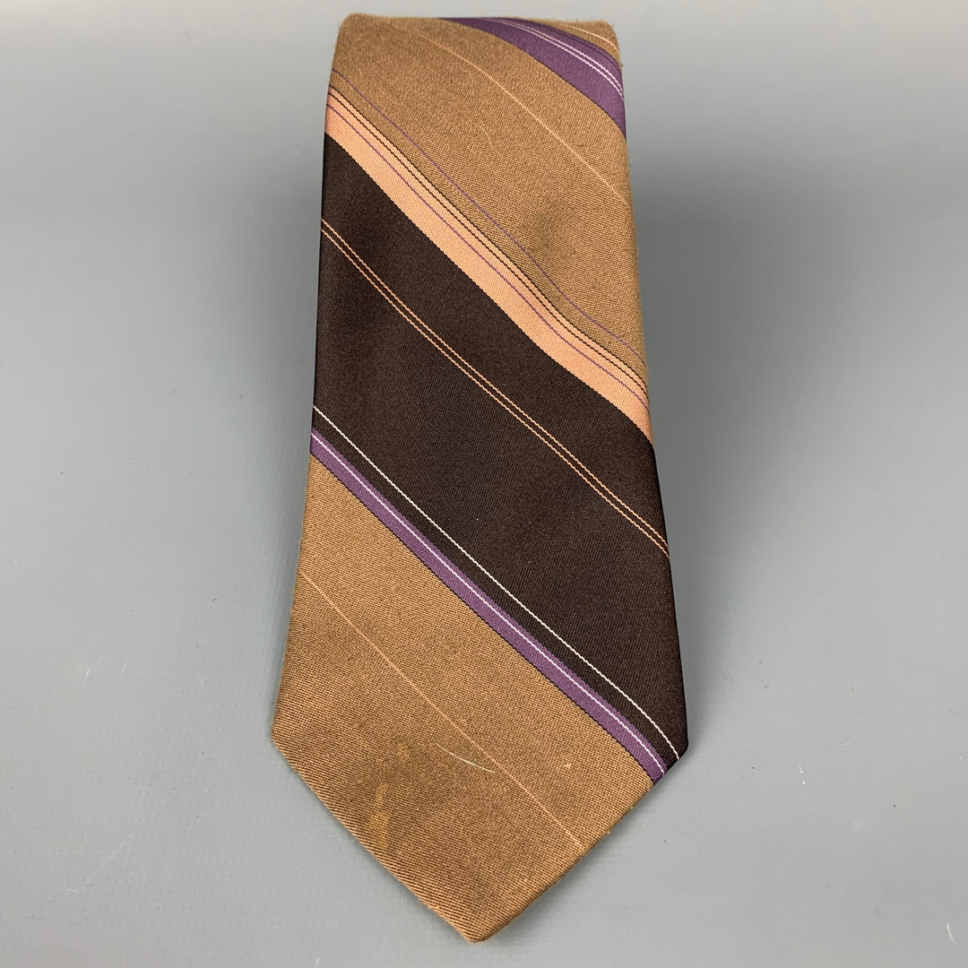 VAN HEUSEN Dark Brown & Taupe Diagonal Stripe Polyester / Silk Tie