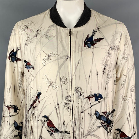 DOLCE & GABBANA Size 44 Beige & Navy Print Silk Zip Up Bomber Jacket
