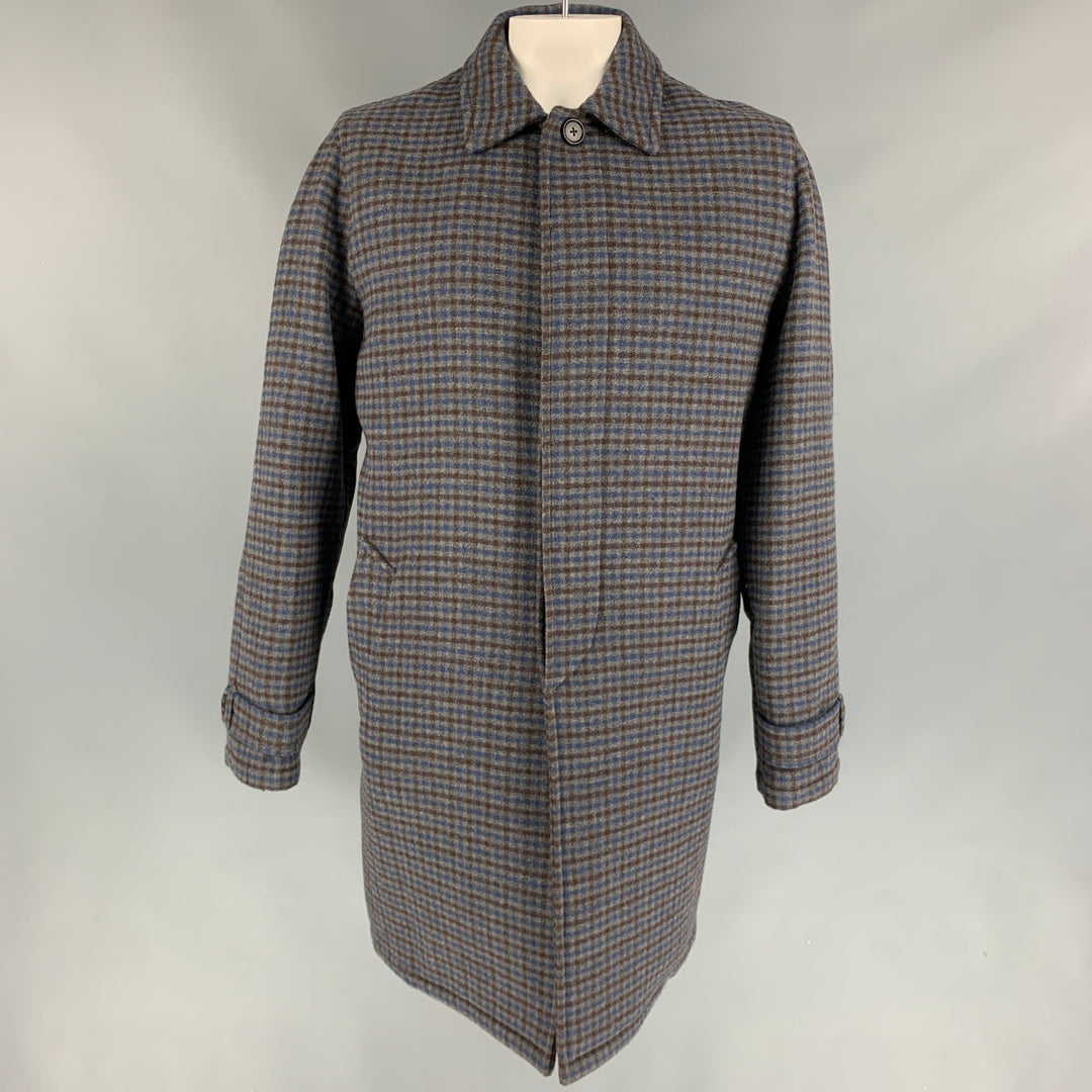 PRADA Size 44 Grey & Blue Checkered Wool Hidden Placket Coat