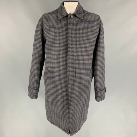PRADA Size 44 Grey & Blue Checkered Wool Hidden Placket Coat