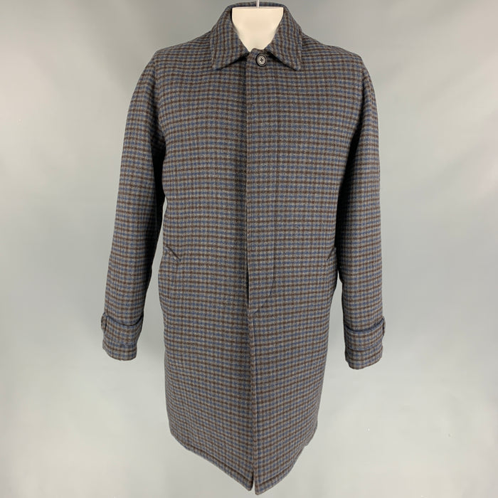 PRADA Size 44 Grey & Blue Checkered Wool Hidden Placket Coat