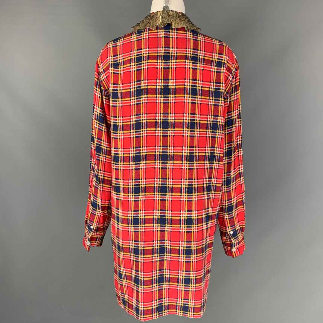 MARC JACOBS Size 4 Red & Blue Silk Plaid Sequin Collar Long Shirt