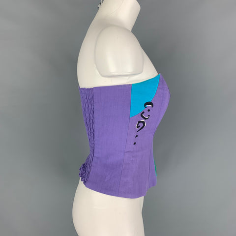 LAUREL Talla 6 Púrpura Azul y Verde Lino y Rayón Bordado Bustier Top Casual