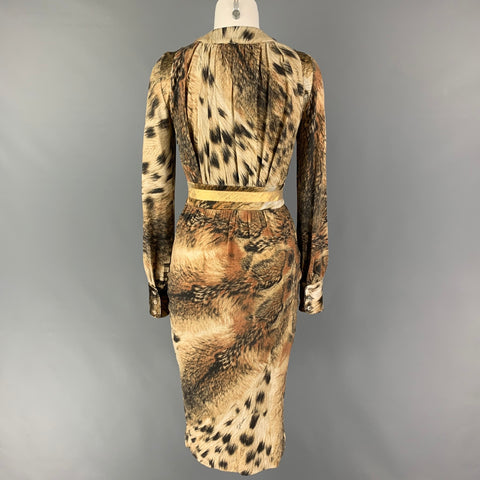 JUST CAVALLI Taille 2 Robe à manches longues marbrée en mélange de viscose marron beige