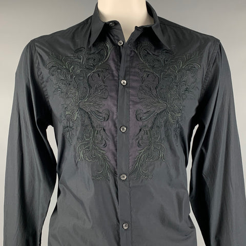 GIANFRANCO FERRE Size L Black Embroidery Cotton Button Up Long Sleeve Shirt