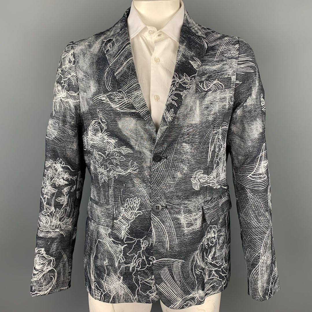 ANDREA CAMMAROSANO Size XL Black & White Jacquard Cotton Sport Coat