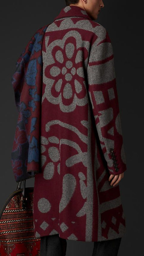 BURBERRY PRORSUM Fall 2014 Size 46 Burgundy Grey Floral Double Breasted Coat