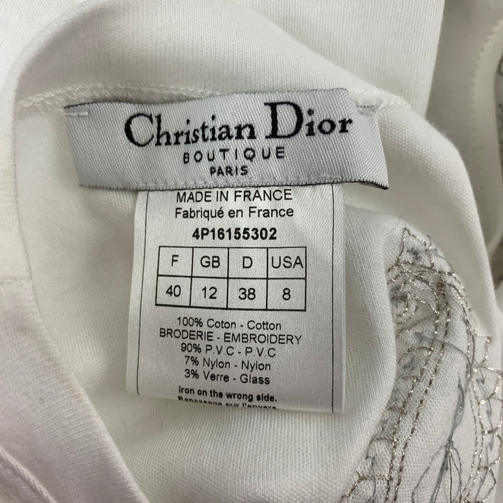 CHRISTIAN DIOR Size 8 White Silver Cotton Embroidered T-Shirt