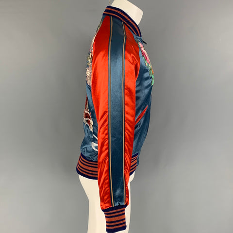 GUCCI Size 34 Multi-Color Floral & Koi Carp Embroidery Satin Varsity Bomber Jacket