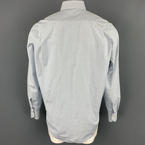 LORO PIANA Size L White & Blue Window Pane Cotton Button Down Long Sleeve Shirt