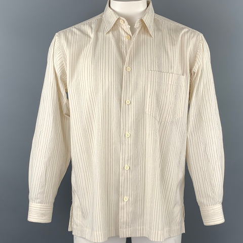 ISSEY MIYAKE Size L Beige Stripe Wrinked Polyester / Cotton Long Sleeve Shirt