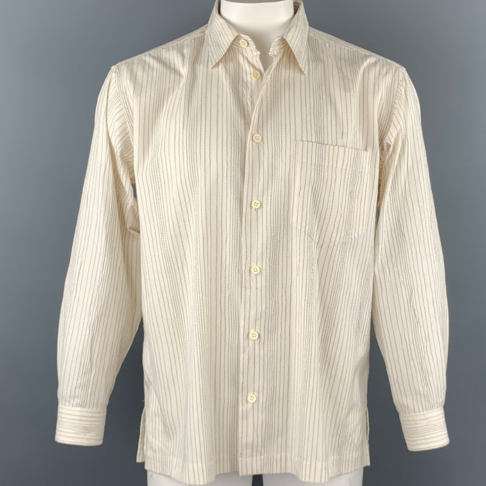 ISSEY MIYAKE Size L Beige Stripe Wrinked Polyester / Cotton Long Sleeve Shirt