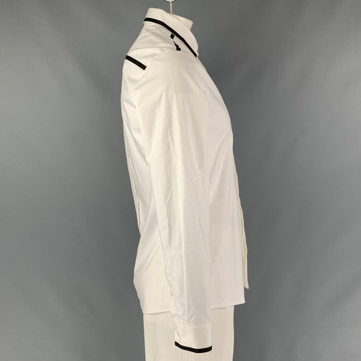 LES HOMMES Size XL White Solid Black Cotton &  Elastane Long Sleeve Shirt