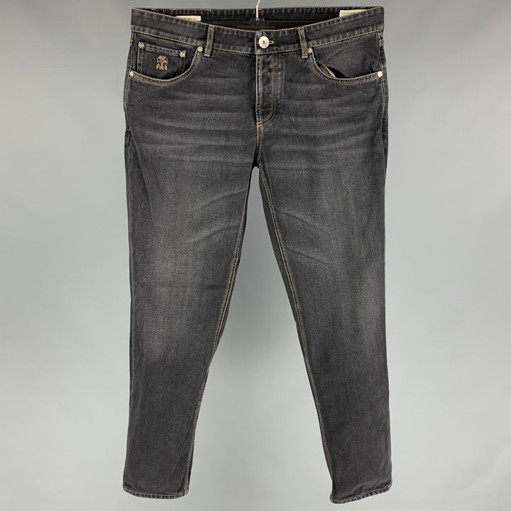 BRUNELLO CUCINELLI Size 34 Grey Distressed Cotton Regular Jeans