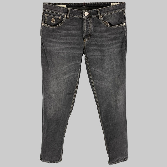 BRUNELLO CUCINELLI Size 34 Grey Distressed Cotton Regular Jeans