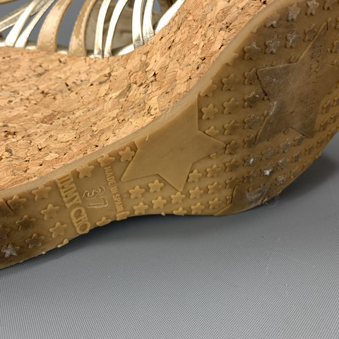 JIMMY CHOO Size 7 Beige & Silver Patent Leather Cork Wedge Platform Sandals