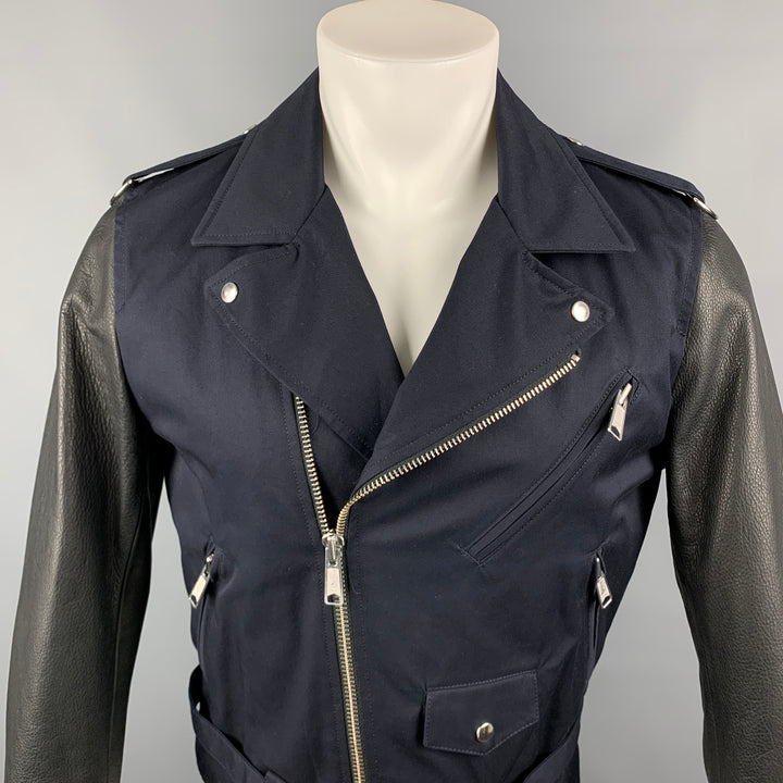 SANDRO Size M Navy & Black Patchwork Cotton Biker Jacket