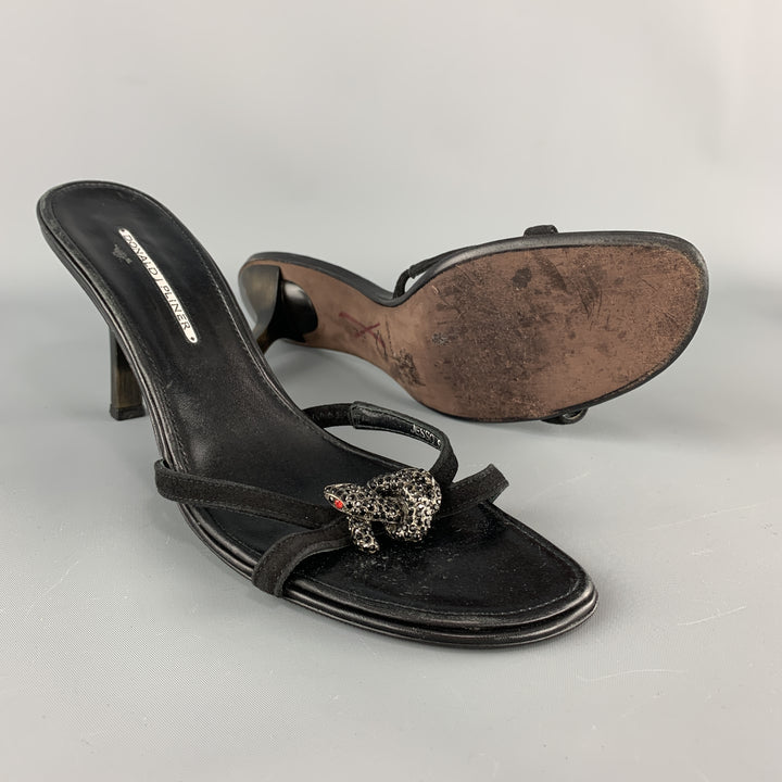DONALD J PLINER Size 11.5  Black Leather Rhinestone Snake Strap Mule Sandals