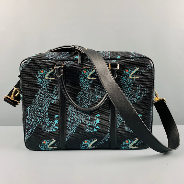 PAUL SMITH Black Blue Dino Print Coated Canvas Laptop Bag