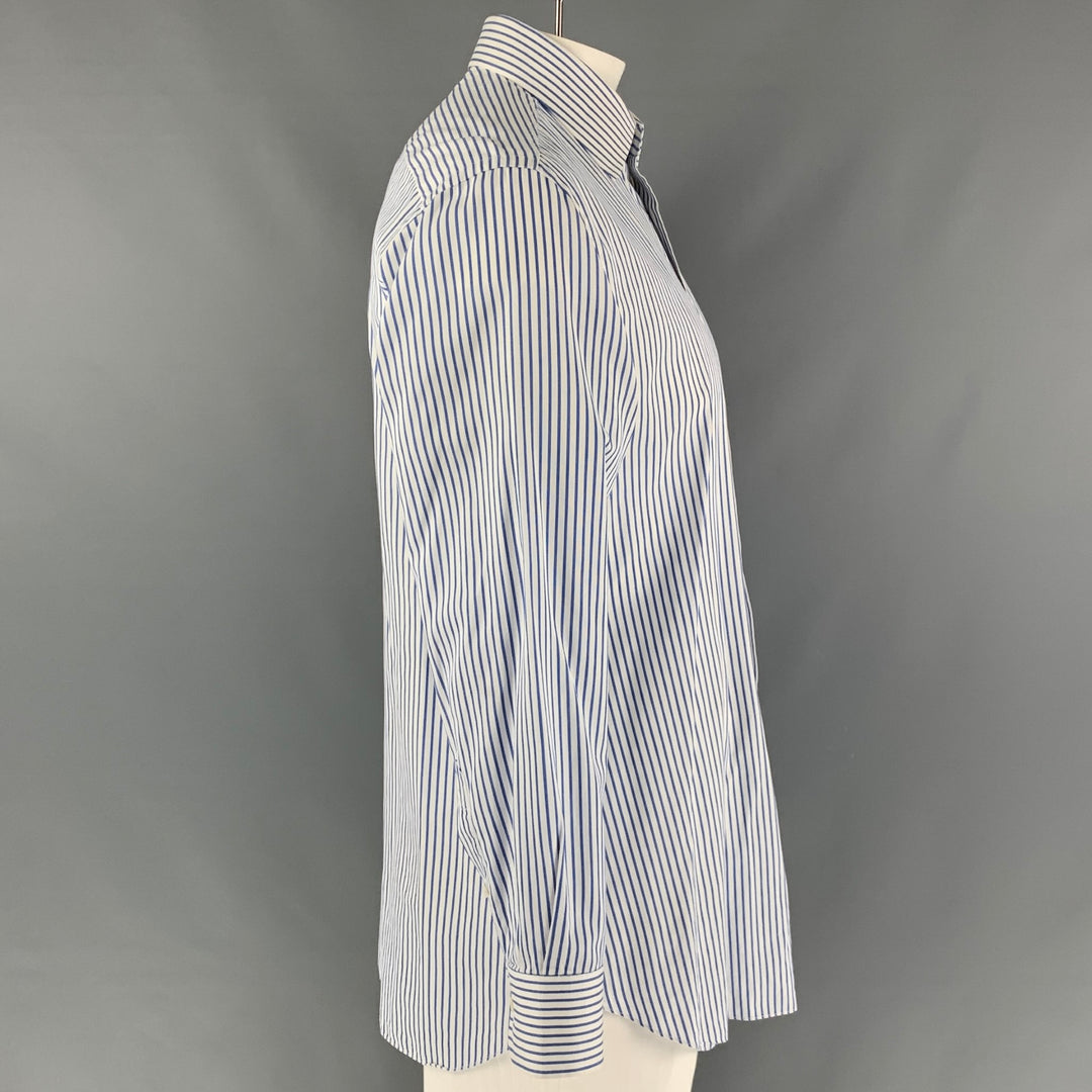 BRIONI Size XL White & Blue Stripe Cotton Button Down Long Sleeve Shirt