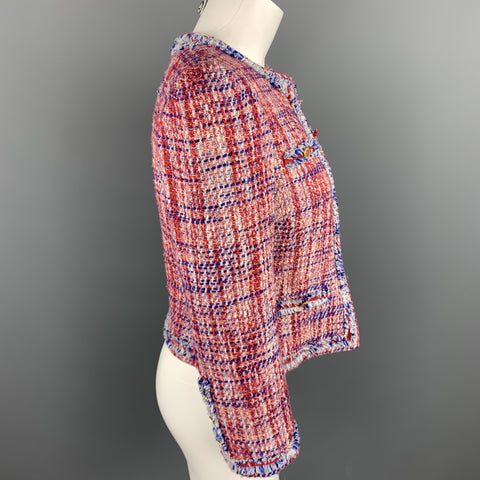 CAROLINA HERRERA Size 4 Red & Blue Boucle Cotton Blend Hook & Eye Jacket