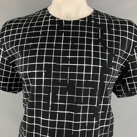 HAIDER ACKERMANN Taille L Noir Blanc Fenêtre Pane Coton Crew Neck T-shirt
