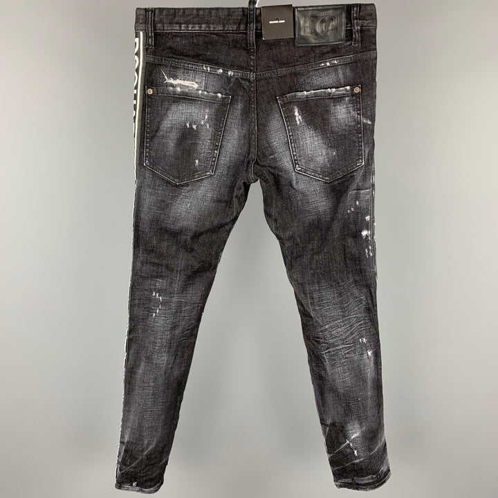 DSQUARED2 Size 32 Black Distressed Denim Button Fly Skater Jeans
