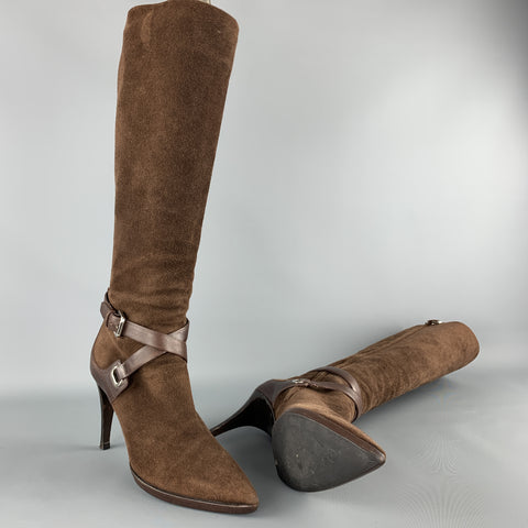 RALPH LAUREN Talla 7 Botas de becerro puntiagudas con correa en el tobillo de ante marrón