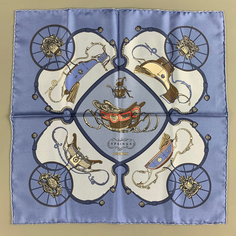 HERMES Springs  Blue Light Blue Equestrian Silk Twill Pocket Square