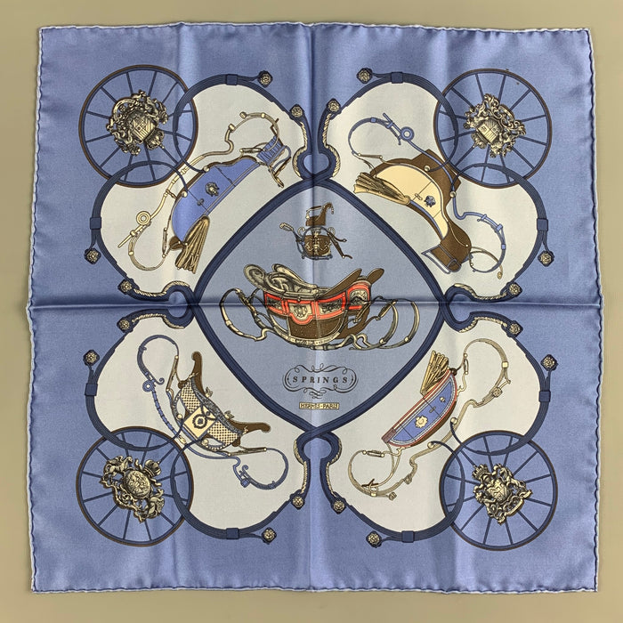 HERMES Springs  Blue Light Blue Equestrian Silk Twill Pocket Square