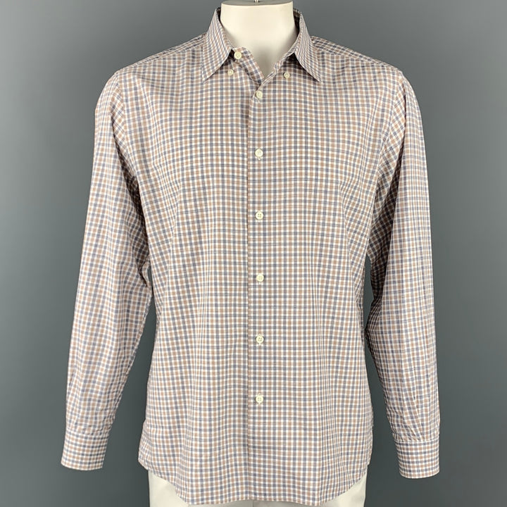 ERMENEGILDO ZEGNA Size XL White & Grey Checkered Cotton Long Sleeve Shirt