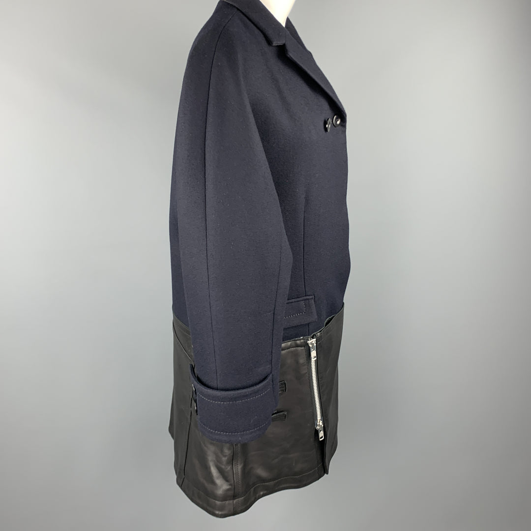 SACAI Size L Navy Wool Notch Lapel Hidden Button Leather Belted Panel Coat