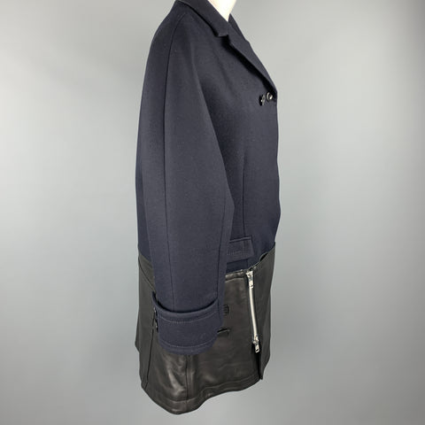 SACAI Size L Navy Wool Notch Lapel Hidden Button Leather Belted Panel Coat