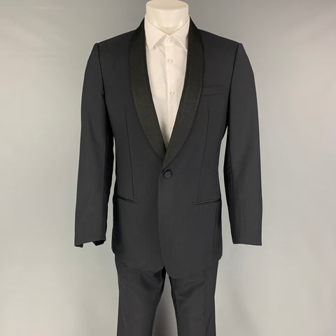 LANVIN Size 40 Regular Navy Black Wool Mohair Shawl Collar Suit