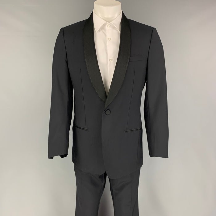 LANVIN Size 40 Regular Navy Black Wool Mohair Shawl Collar Suit