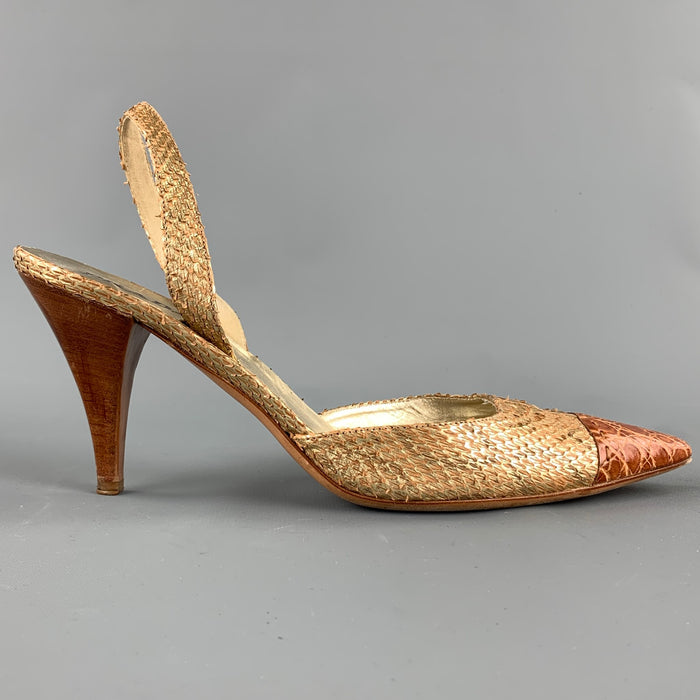 PRADA Lauren Size 9.5 Gold & Cognac Alligator Slingback Sandals