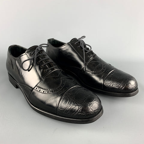 PRADA Size 9 Black Perforated Leather Wingtip Textured Cap Toe Lace Up Shoes