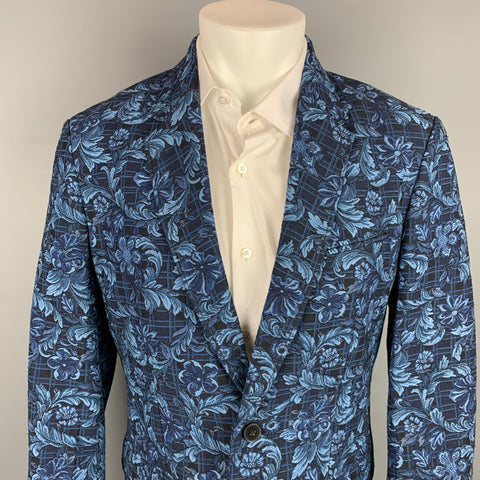 3.1 PHILLIP LIM Size 40 Navy & Blue Floral Viscose / Polyester Notch Lapel Sport Coat